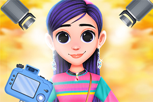 Ilustración de una niña con cabello morado y ojos grandes, sosteniendo una cámara y rodeada de luces brillantes