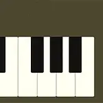 Teclado de piano simplificado con teclas blancas y negras sobre un fondo marrón oscuro