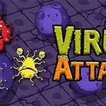 Dibujos de virus de colores vivos sobre un fondo de patrón de células moradas con el texto Virus Attack