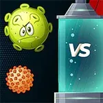 Virus caricaturizado y escudos coloridos enfrentándose con un indicador VS al centro