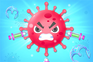 Caricatura de un virus rojo con expresión enojada rodeado de cuatro jeringas verdes sobre un fondo azul