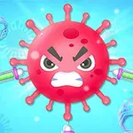 Caricatura de un virus rojo con expresión enojada rodeado de cuatro jeringas verdes sobre un fondo azul