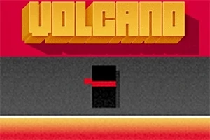 Texto en 3D que dice VOLCANO en tonos amarillos sobre un fondo predominantemente rojo y negro con una pequeña barra roja debajo