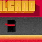 Texto en 3D que dice VOLCANO en tonos amarillos sobre un fondo predominantemente rojo y negro con una pequeña barra roja debajo