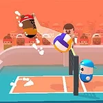 Dos personajes animados jugando voleibol sobre una cancha con espectadores en el fondo
