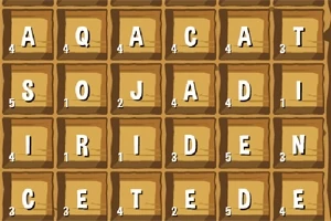 Letras dispuestas en un tablero de madera en una cuadrícula de cinco por cinco, cada una con un número pequeño en una esquina