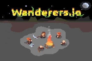 Grupo de personajes pixelados alrededor de una fogata con una luna en el cielo nocturno