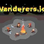 Grupo de personajes pixelados alrededor de una fogata con una luna en el cielo nocturno