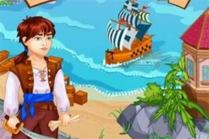 Joven pirata con espada frente al mar, con un barco de vela en el agua y una casa al lado de un acantilado