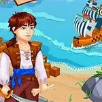 Joven pirata con espada frente al mar, con un barco de vela en el agua y una casa al lado de un acantilado