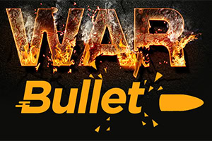 La imagen muestra la palabra WAR en llamas sobre un fondo oscuro, y debajo, la palabra Bullet en color amarillo con un diseño de bala