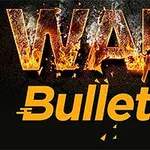 La imagen muestra la palabra WAR en llamas sobre un fondo oscuro, y debajo, la palabra Bullet en color amarillo con un diseño de bala