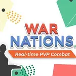 Silueta de una persona levantando la mano frente a bloques de colores y texto en el centro que dice War Nations