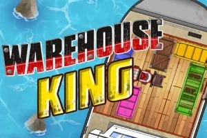 Título Warehouse King sobre un escenario de barco con contenedores de colores en el mar