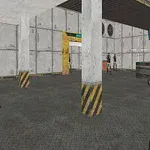 Vista en primera persona de un entorno industrial con personajes armados y un arma visible en primer plano