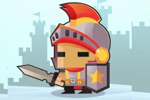 Guerrero caricaturesco con casco y armadura sosteniendo una espada y un escudo, con un fondo de siluetas de castillos