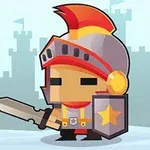 Guerrero caricaturesco con casco y armadura sosteniendo una espada y un escudo, con un fondo de siluetas de castillos