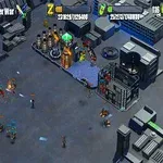 Vista aérea de una base futurista con construcciones tecnológicas, soldados y equipo militar en un entorno urbano
