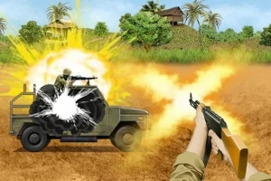 Explosión sobre un vehículo militar en un campo abierto, con una persona disparando un rifle desde primer plano