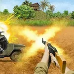 Explosión sobre un vehículo militar en un campo abierto, con una persona disparando un rifle desde primer plano