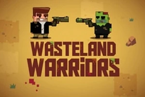 Ilustración de estilo pixel art de dos personajes apuntándose con pistolas sobre un fondo amarillo, con el texto Wasteland Warriors debajo
