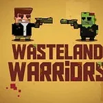 Ilustración de estilo pixel art de dos personajes apuntándose con pistolas sobre un fondo amarillo, con el texto Wasteland Warriors debajo