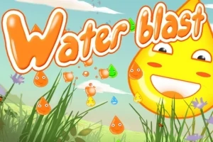 Gotas de agua sonrientes con caras felices rodeadas de pasto y flores bajo un cielo azul con el texto Water blast