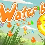 Gotas de agua sonrientes con caras felices rodeadas de pasto y flores bajo un cielo azul con el texto Water blast