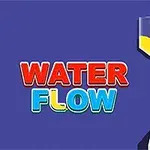 Texto WATER FLOW en colores rojo y azul, junto a un recipiente vertiendo líquido amarillo en un vaso transparente sobre fondo azul