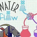 Un dibujo con una persona, una cabra y tubos de laboratorio conectados que transportan líquidos de color, con texto estilizado WATER flow