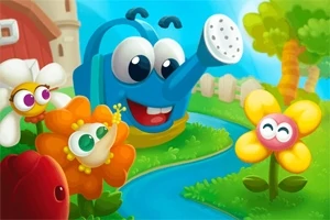 Regadera azul con ojos grandes rodeada de flores coloridas y sonrientes junto a un río en un jardín caricaturesco