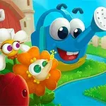 Regadera azul con ojos grandes rodeada de flores coloridas y sonrientes junto a un río en un jardín caricaturesco
