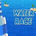 Personaje rojo sobre tabla surfeando en una pista de agua azul con islotes y texto WATER RACE