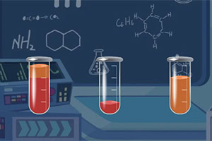 Tuberías de ensayo con líquidos coloridos en un laboratorio con fórmulas químicas en el fondo