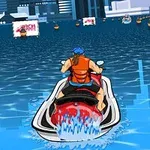 Persona conduciendo una moto acuática en el agua con boyas y edificios de fondo