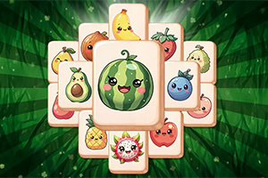 Grupo de fichas con ilustraciones de frutas sonrientes y expresivas sobre un fondo verde