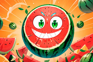 Una sandía caricaturizada con rostro sonriente y ojos verdes rodeada de rodajas de sandía y un fondo anaranjado vibrante
