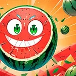Una sandía caricaturizada con rostro sonriente y ojos verdes rodeada de rodajas de sandía y un fondo anaranjado vibrante