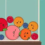 Frutas caricaturescas con caras felices y expresiones variadas dentro de una caja de vidrio