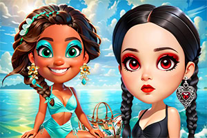 Dos personajes animados con estilos contrastantes; una sonriente con traje de baño azul y otra con expresión seria, maquillaje rojo y vestido negro, frente al mar
