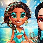 Dos personajes animados con estilos contrastantes; una sonriente con traje de baño azul y otra con expresión seria, maquillaje rojo y vestido negro, frente al mar