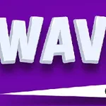 La imagen muestra la palabra WAVE en letras blancas en un fondo morado con una esfera negra y una línea blanca diagonal debajo