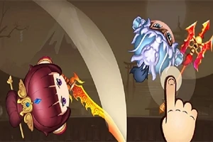 Dos personajes animados con espadas coloridas en una batalla, acompañados de una mano que parece interactuar con la escena