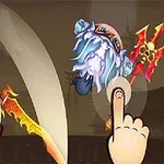 Dos personajes animados con espadas coloridas en una batalla, acompañados de una mano que parece interactuar con la escena