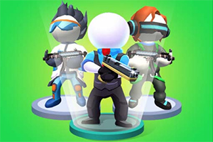 Tres personajes estilizados con cuerpos sólidos, sosteniendo armas y vistiendo trajes futuristas, se presentan sobre un fondo verde