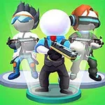 Tres personajes estilizados con cuerpos sólidos, sosteniendo armas y vistiendo trajes futuristas, se presentan sobre un fondo verde