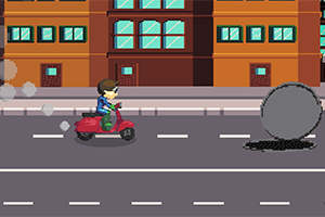 Persona conduciendo una scooter roja en una calle urbana con un gran obstáculo gris en el camino