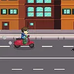 Persona conduciendo una scooter roja en una calle urbana con un gran obstáculo gris en el camino