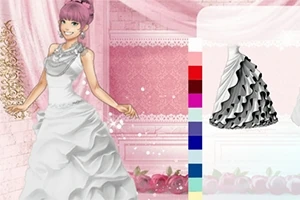Joven sonriente con cabello rosa y vestido blanco elegante frente a cortinas rosadas, junto a una paleta de colores y un boceto de diseño de falda