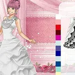 Joven sonriente con cabello rosa y vestido blanco elegante frente a cortinas rosadas, junto a una paleta de colores y un boceto de diseño de falda